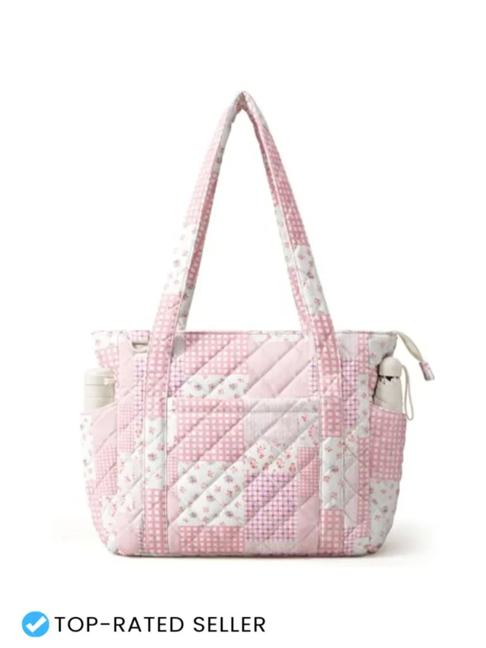 Quilted Tote Bag with Zipper, Large Capacity Shoulder Bag for Work Travel Gym